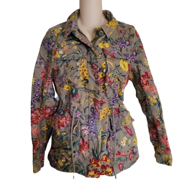 H&M Army Green Floral Utility Zip-Up Jacket Size Women's 4 - Picture 3 of 14